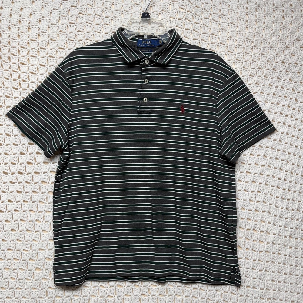 Polo Ralph Lauren Polo Shirt Mens L Gray Green Striped Custom Slim Fit